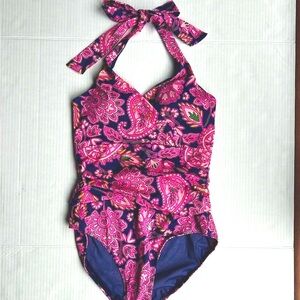 Boden Levanzo Ruched Halter Swimsuit in Pink Paisley
